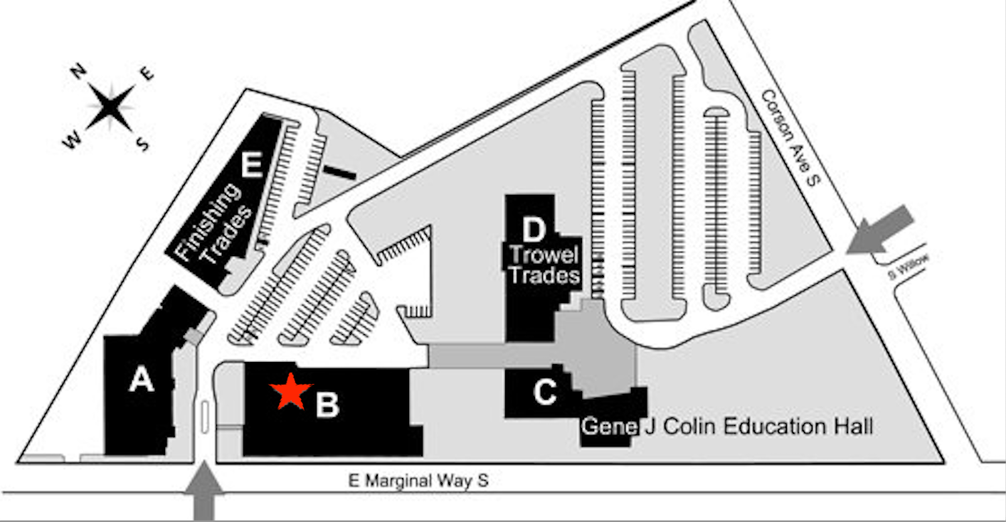 Campus map of the Georgetown Apprenticeship and Education Center showing Building B, Room 106 marked with a red star, with entrances from E Marginal Way S and Corson Ave S