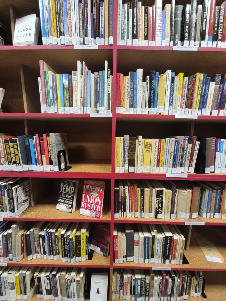 A shelf of books in a library