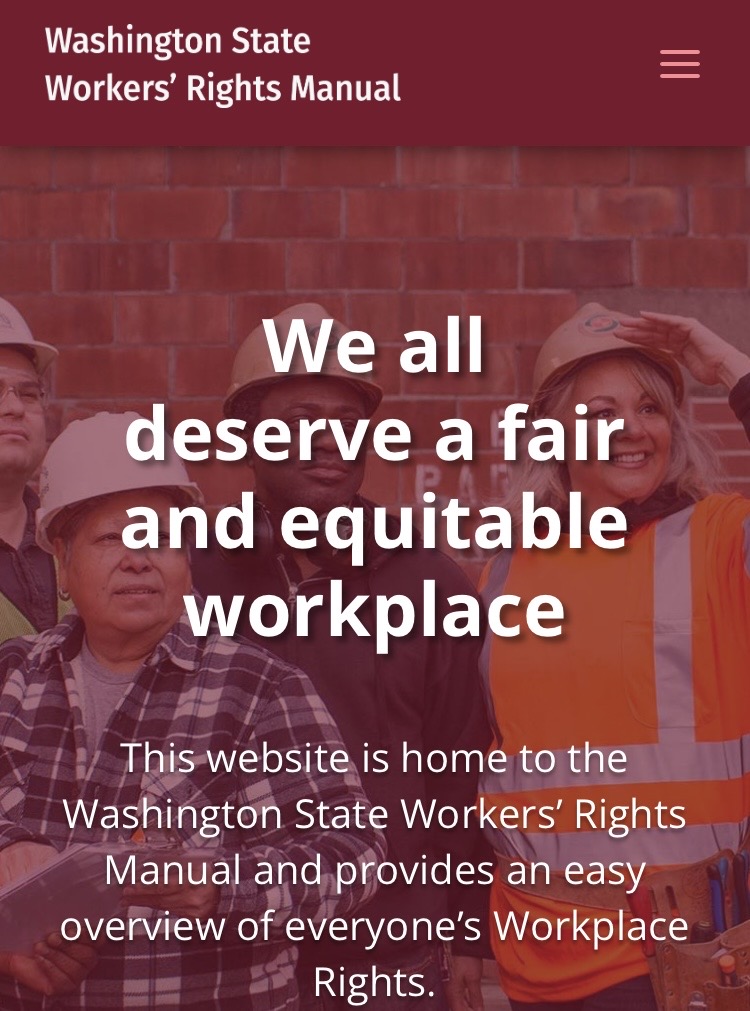 Screenshot of the Washington State Workers' Rights Manual website homepage showing the text 'We all deserve a fair and equitable workplace