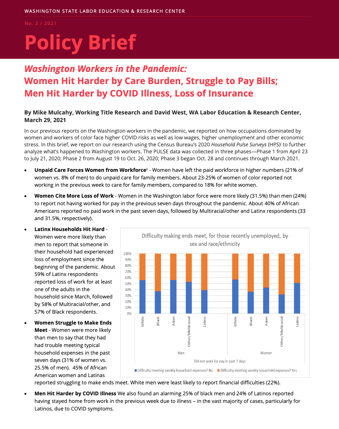 Screenshot of the Policy Brief: Washington Workers in the Pandemic: Women Hit Harder by Care Burden, Struggle to Pay Bills; Men Hit Harder by COVID Illness, Loss of Insurance